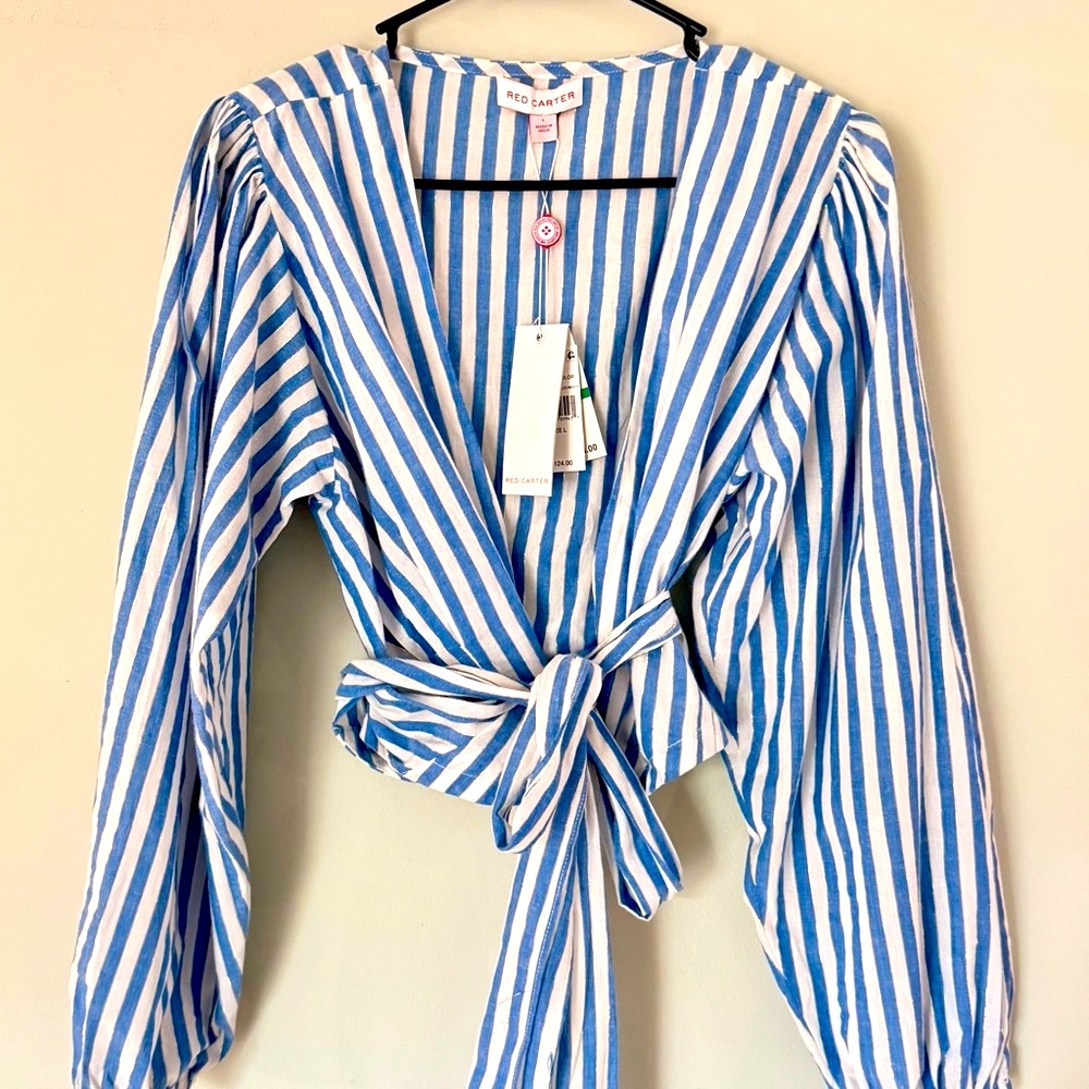 Blue White Striped Wrap Blouse | Puff Sleeve Tie Waist | Red Carter NWT Large